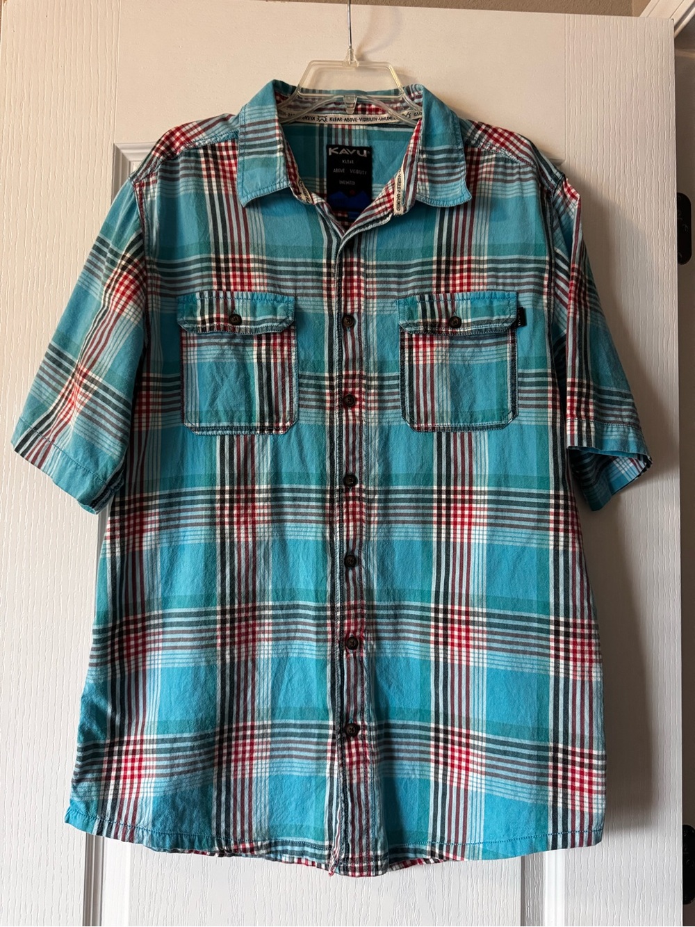 Kavu Men’s Aqua Plaid Short‑Sleeve Button‑Up Shirt